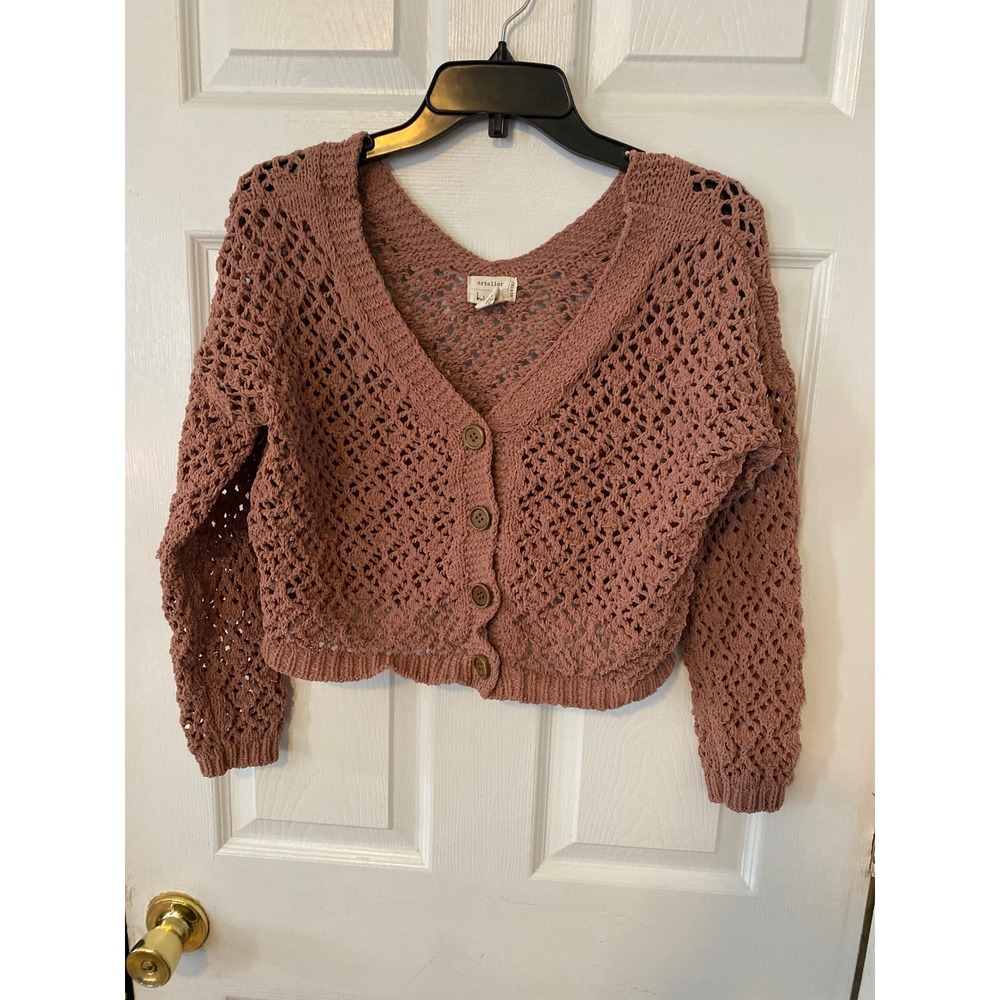 Artelier Nicole Miller Open Knit Cropped Cardigan Mauve Pink Small Boho Sweater